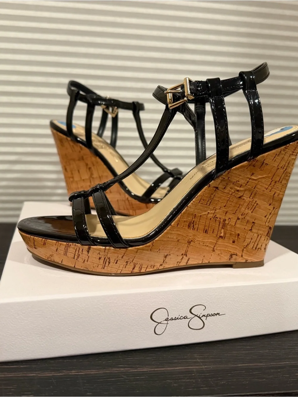 Jessica Simpson Black Patent Cork Wedge Sandals with Gold Buckles